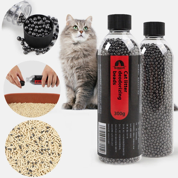 Clear plastic bottle of black cat litter deodorizing beads with a black and red label, 300g.