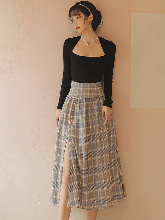 Conjunto Falda Cuadrille Retro Elegante - Blusa y Falda Plisada de Temperamento - Image 3
