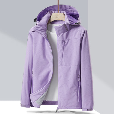 Lavender windproof sports jacket with a hood, full zipper, and fleece lining, shown on a hanger. - Image 12
