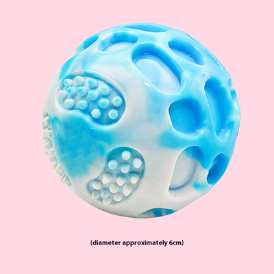 Blue and white marbled rubber dog toy ball with textured nubs and hollows, approximately 6cm in diameter. - Image 6