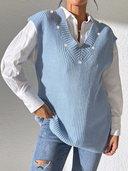 Chaleco Tejido con Perlas en Escote V - Elegancia Minimalista - Image 21