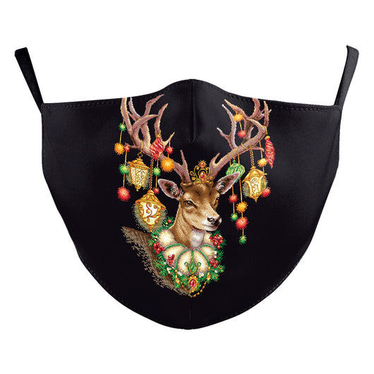 Black dustproof face mask with a digital print of Santa Claus and two reindeer in a snowy forest scene. - Image 14