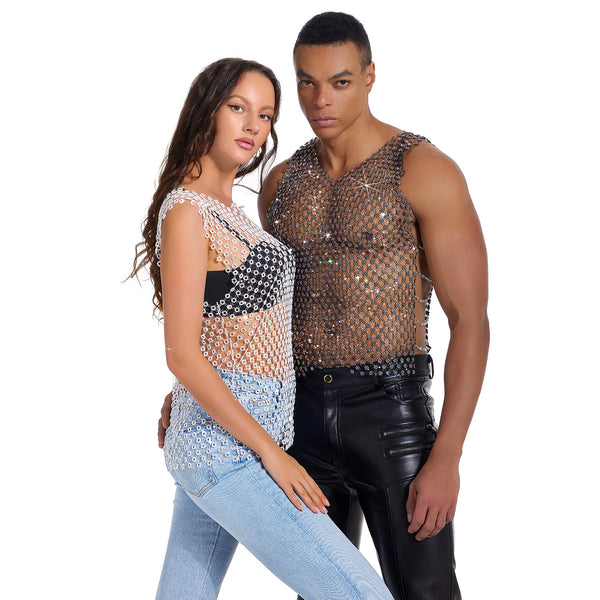 Playera Semitransparente con Cuello Redondo y Detalles en Cristales para Hombre