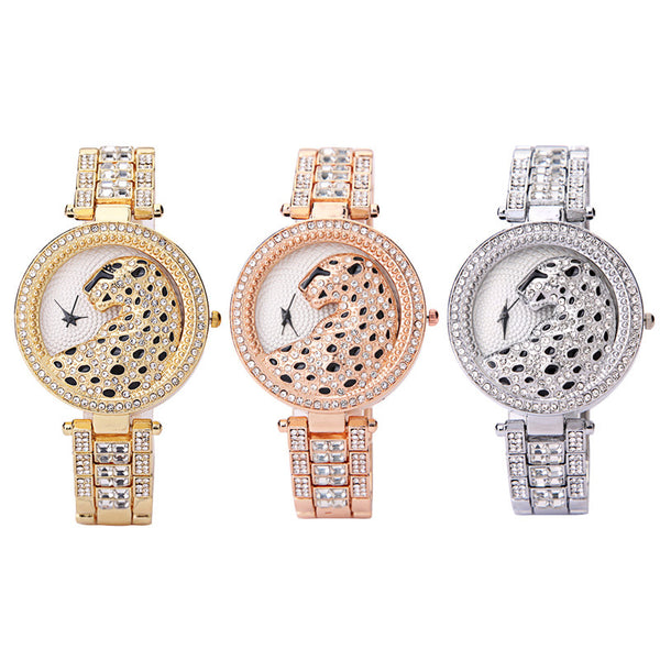 Reloj de Mujer Estampado Leopardo con Diamantes Tridimensionales