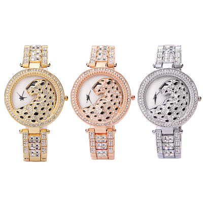 Reloj de Mujer Estampado Leopardo con Diamantes Tridimensionales