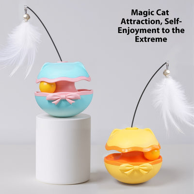 Lemon yellow electric cat toy tumbler with a white feather teaser and two teal worm-like replacement heads. - Image 3