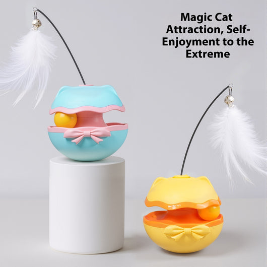 Lemon yellow electric cat toy tumbler with a white feather teaser and two teal worm-like replacement heads. - Image 3