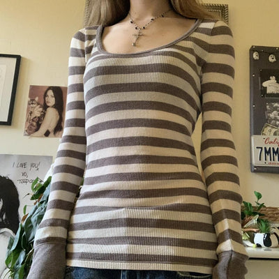 Blusa Manga Larga a Rayas con Cuello Redondo para Mujer - Image 9