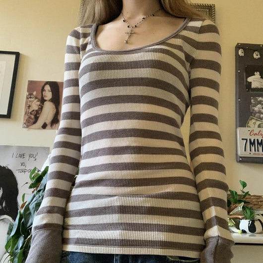 Blusa Manga Larga a Rayas con Cuello Redondo para Mujer - Image 9