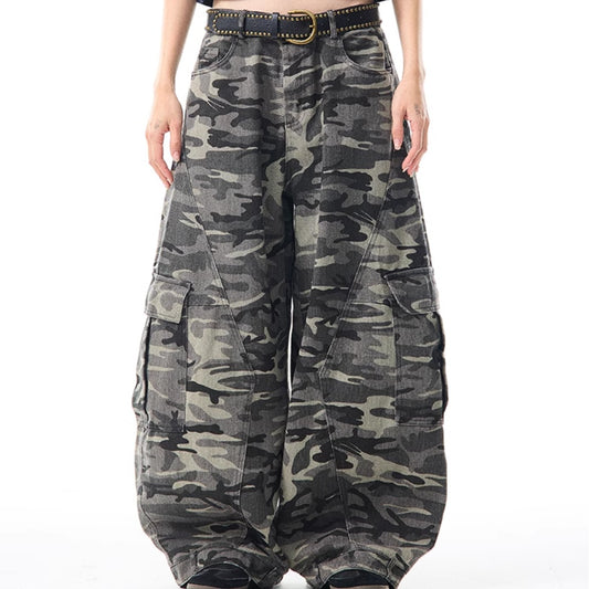 Overol Ancho Camuflaje Retro para Mujer - Pantalón Suelto y Casual
