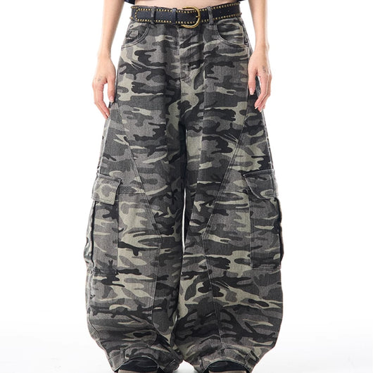 Overol Ancho Camuflaje Retro para Mujer - Pantalón Suelto y Casual
