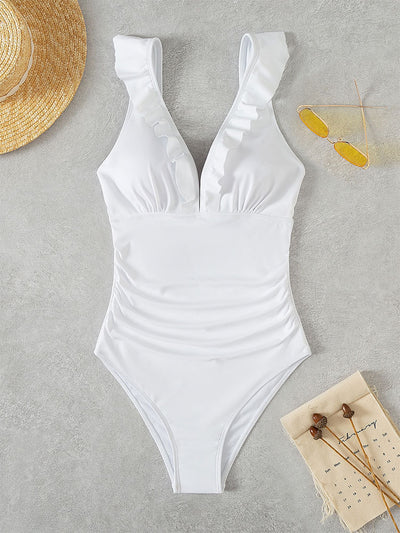 White one-piece swimsuit with a deep V-neck and ruffled shoulder straps, featuring a solid pure color design. - Image 11