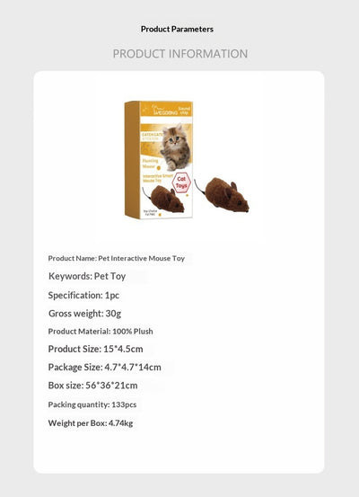 Brown interactive mouse toy for cats with a sound chip, shown in packaging with a kitten graphic and as a standalone toy. - Image 11