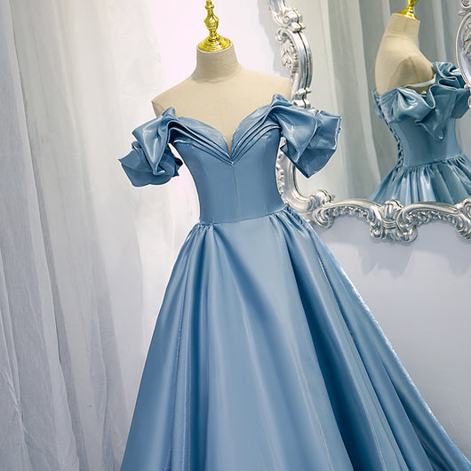 Vestido de Satén Azul Largo Asimétrico de Un Hombro - Image 9