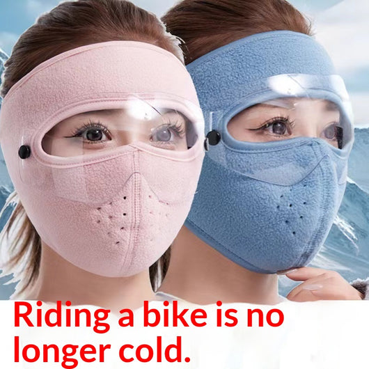 Black fleece winter cycling mask with clear windproof goggles, covering face, neck, and ears for cold protection. - Image 3