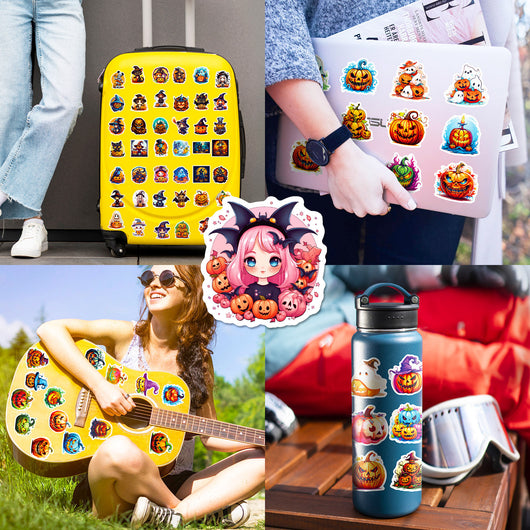 A large collection of colorful Halloween graffiti stickers featuring pumpkins, witches, ghosts, and other spooky characters.