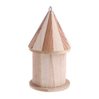 Wooden outdoor bird nest with a conical striped roof and a small entrance hole, next to a bird on a branch. - Image 6