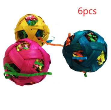 Three colorful woven bamboo toy balls, filled with shredded paper, for small pets to chew and forage. - Image 8