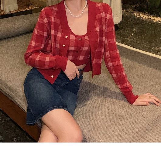 Conjunto de Camisola y Suéter a Cuadros Retro para Mujer - Image 2