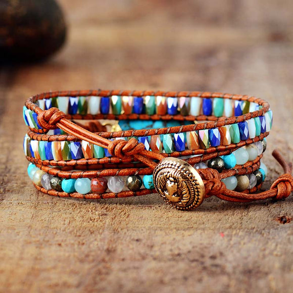 Pulsera Étnica de Turquesa Natural Trenzada a Mano con Cristales