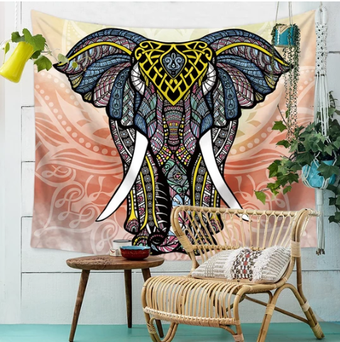 Light mosaic great elephant tapestry with intricate blue, yellow, and pink patterns on an orange background.