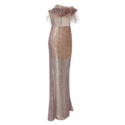 Vestido Strapless con Lentejuelas, Plumas y Detalles Calados - Image 3