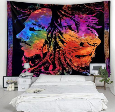 Vibrant rainbow tie-dye tapestry featuring abstract profiles of a human face and a lion on a black background.