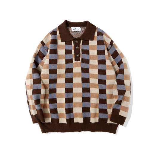 Suéter Polo Cuadros Hombre Estilo Urbano Corte Relajado