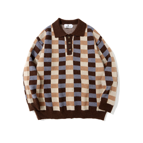 Suéter Polo Cuadros Hombre Estilo Urbano Corte Relajado