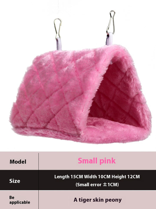 Small pink quilted plush bird's nest hammock with two metal hooks, ideal for parrots and small birds. - Image 6