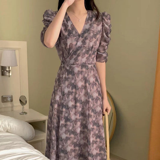 Vestido Floral Elegante Cuello en V Retro Sofisticado
