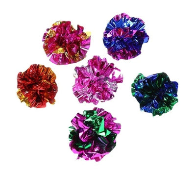 Five iridescent crinkle paper balls, likely cat toys, arranged in a circle on a peach background. - Image 4
