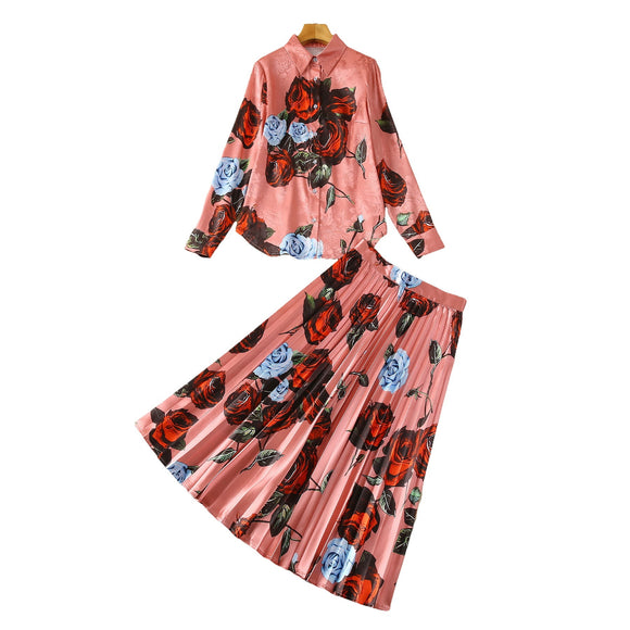 Conjunto Elegante: Blusa Manga Larga con Falda Plisada de Borde Amplio