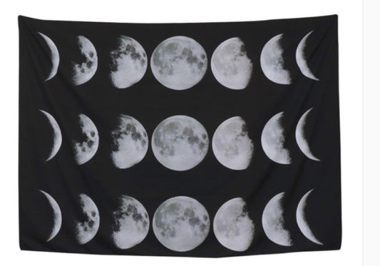Black tapestry featuring a repeating pattern of white and grey moon phases, including full, crescent, and half moons.