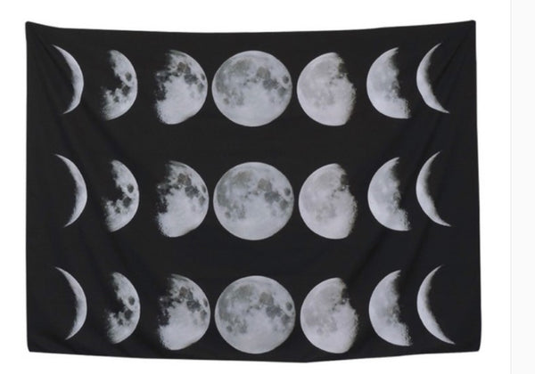 Black tapestry featuring a repeating pattern of white and grey moon phases, including full, crescent, and half moons.
