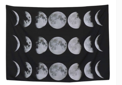 Black tapestry featuring a repeating pattern of white and grey moon phases, including full, crescent, and half moons.