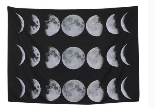 Black tapestry featuring a repeating pattern of white and grey moon phases, including full, crescent, and half moons.