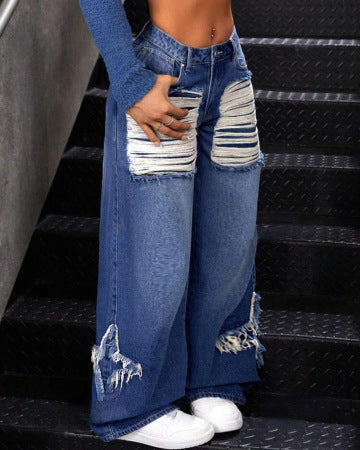 Jeans Rectos Anchos con Detalles de Parches y Flecos - Image 9