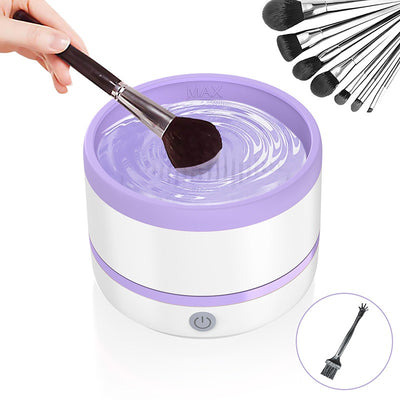 Automatic makeup brush cleaning device in white and light blue, actively cleaning a dark makeup brush. - Image 7