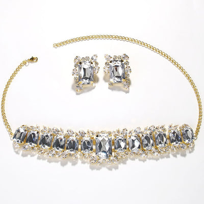 Light luxury geometric crystal necklace and square exaggerated earrings jewelry set in gold tone. - Image 18