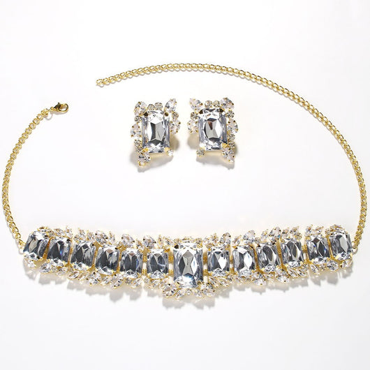 Light luxury geometric crystal necklace and square exaggerated earrings jewelry set in gold tone. - Image 18