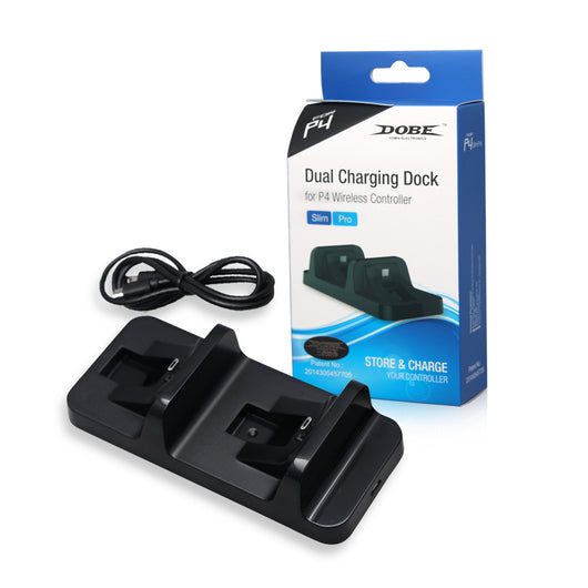 Black dual charging dock for PS4 controllers, with two controllers docked and the charging base shown separately. - Image 8