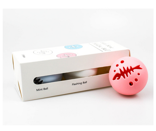 Three-pack of cat toy balls, including a pink fishbone-patterned ball, a mint ball, and a flashing ball. - Image 12