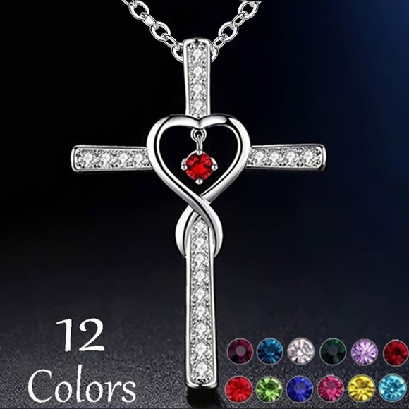 Collar Colgante Cruz Cristiana Fe y Amor Infinito con Piedra de Nacimiento