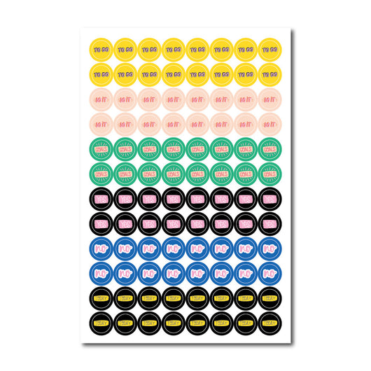 Colorful planner sticker sheet with labels for Scripture Study, Weekly Spending, and Work, featuring various shapes. - Image 13