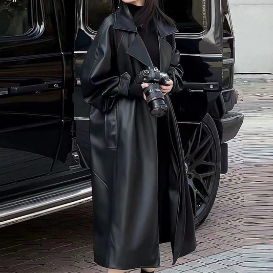 Abrigo de Cuero Largo Elegante para Mujer - Diseño Sofisticado