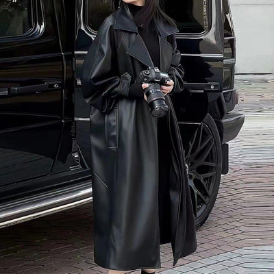Abrigo de Cuero Largo Elegante para Mujer - Diseño Sofisticado