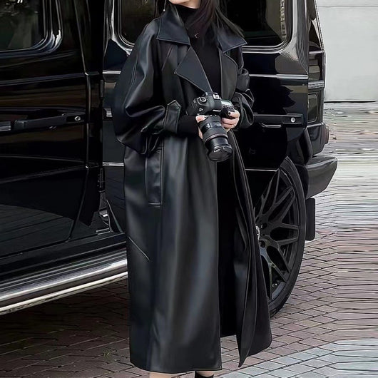 Abrigo de Cuero Largo Elegante para Mujer - Diseño Sofisticado