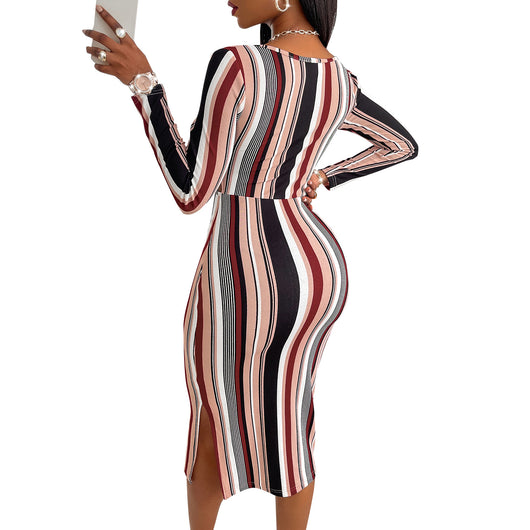 Vestido de Manga Larga a Rayas con Pecho Cruzado para Mujer - Image 13