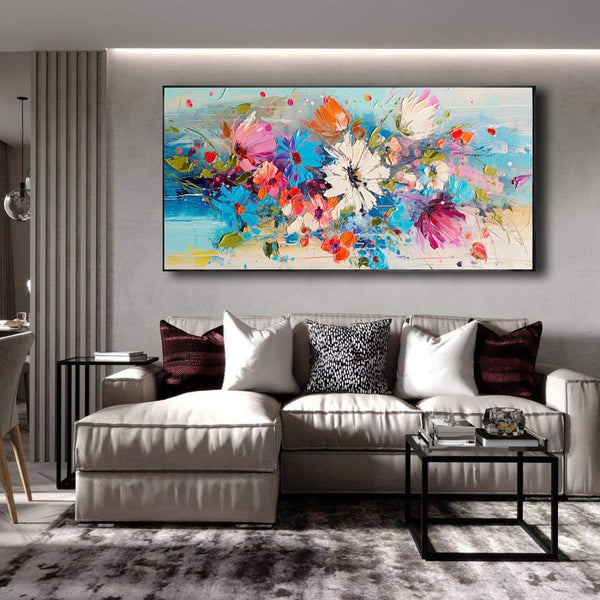 Cuadro Flores Primavera Óleo Grueso Pintura Artesanal Lienzo Grande Azules Modernos